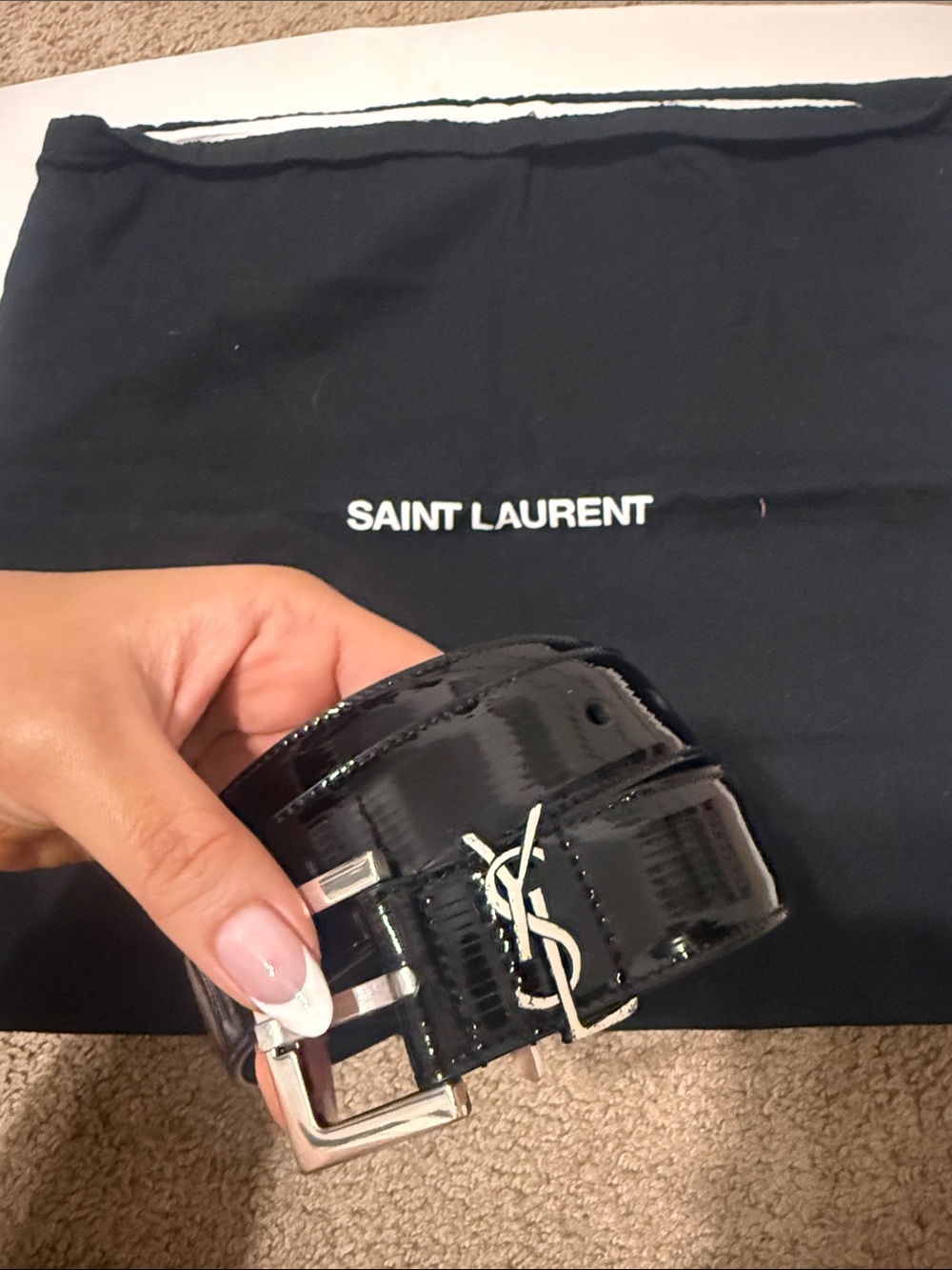 Saint Laurent Black Patent Leather YSL Buckle Belt